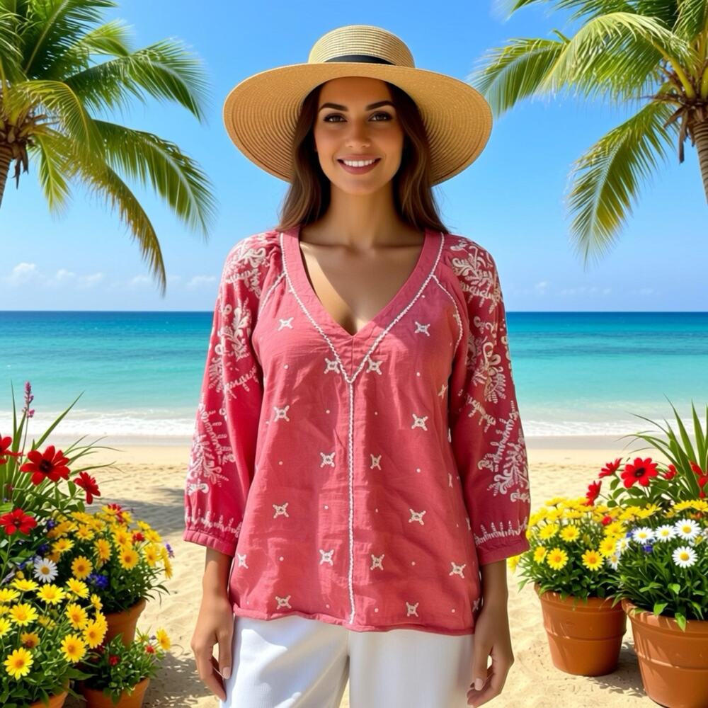 Sundance Artsy Embroidered Peasant Tunic Blouse Bohemian Hippie Costal Cotton XS
